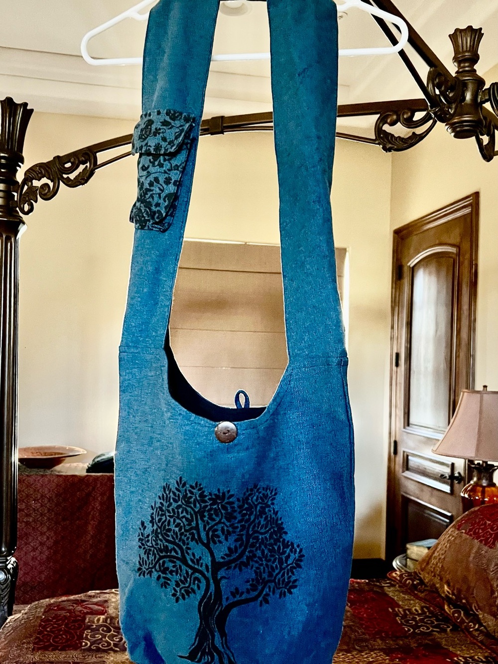 Handmade Teal Tree-Print Crossbody Bag with Button Closure